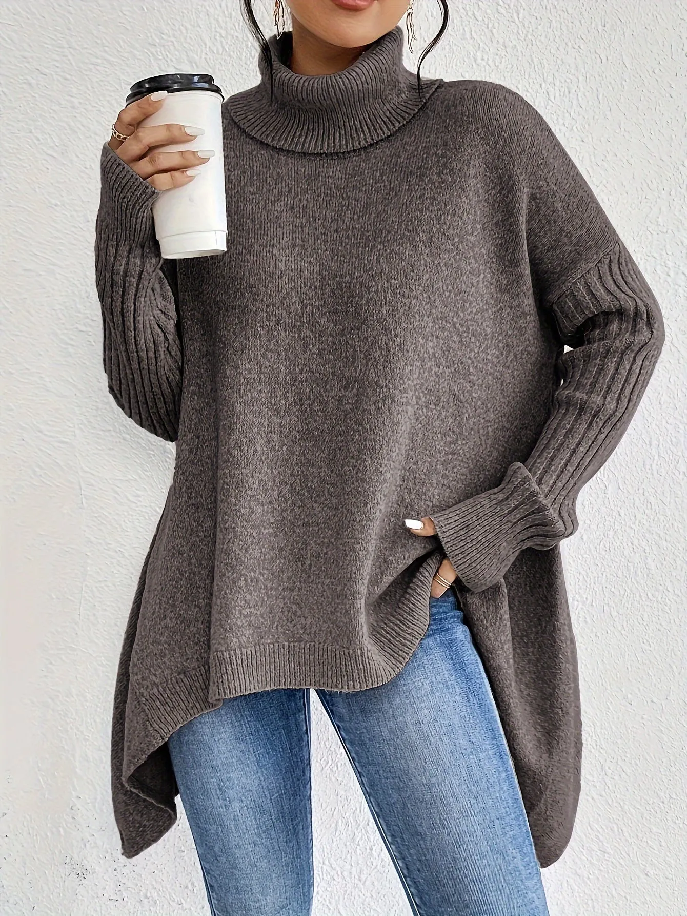 Women's Loose Fit Asymmetric Hem Turtleneck Jumper | Ideal for Autumn/Winter