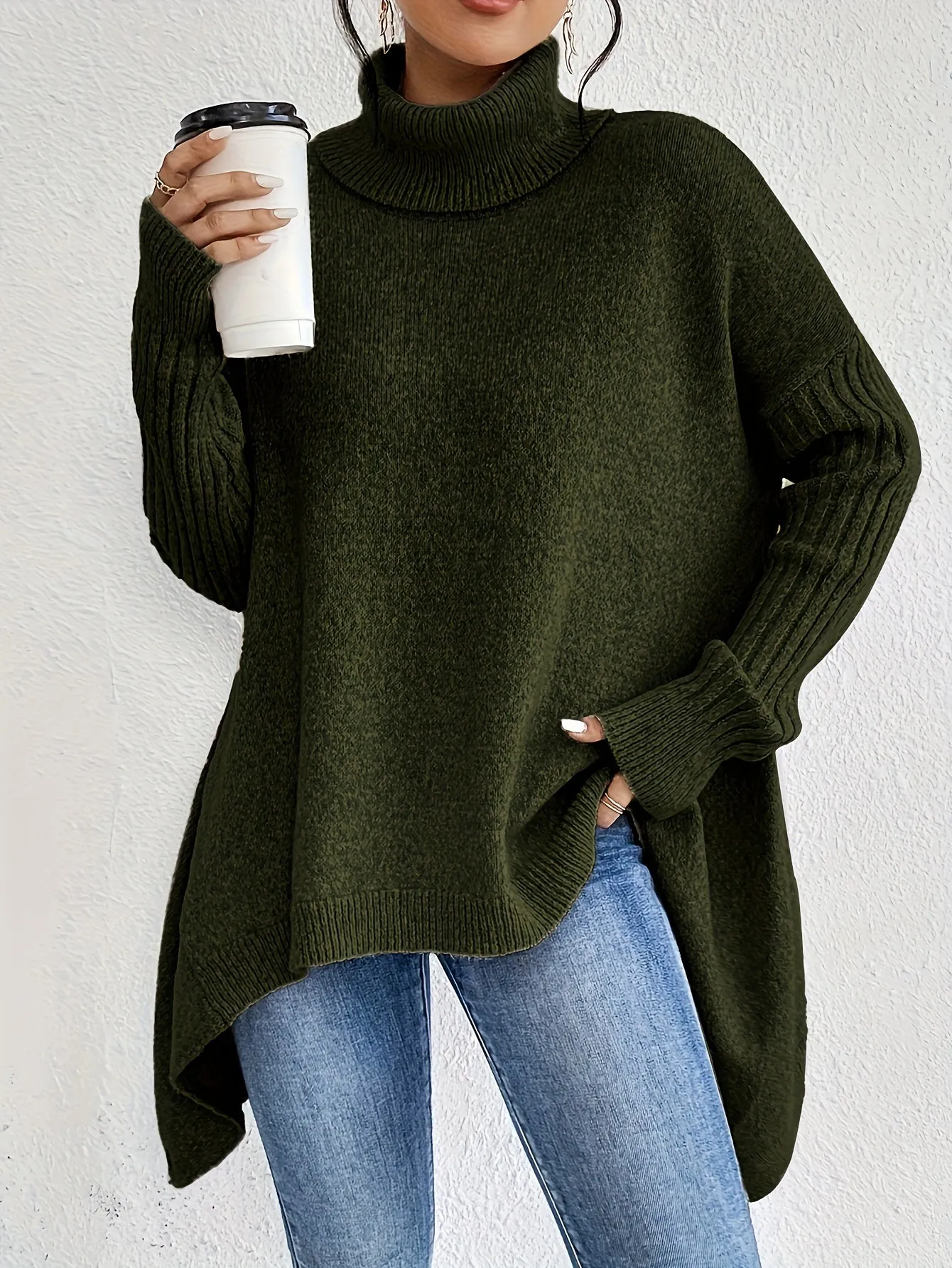 Women's Loose Fit Asymmetric Hem Turtleneck Jumper | Ideal for Autumn/Winter