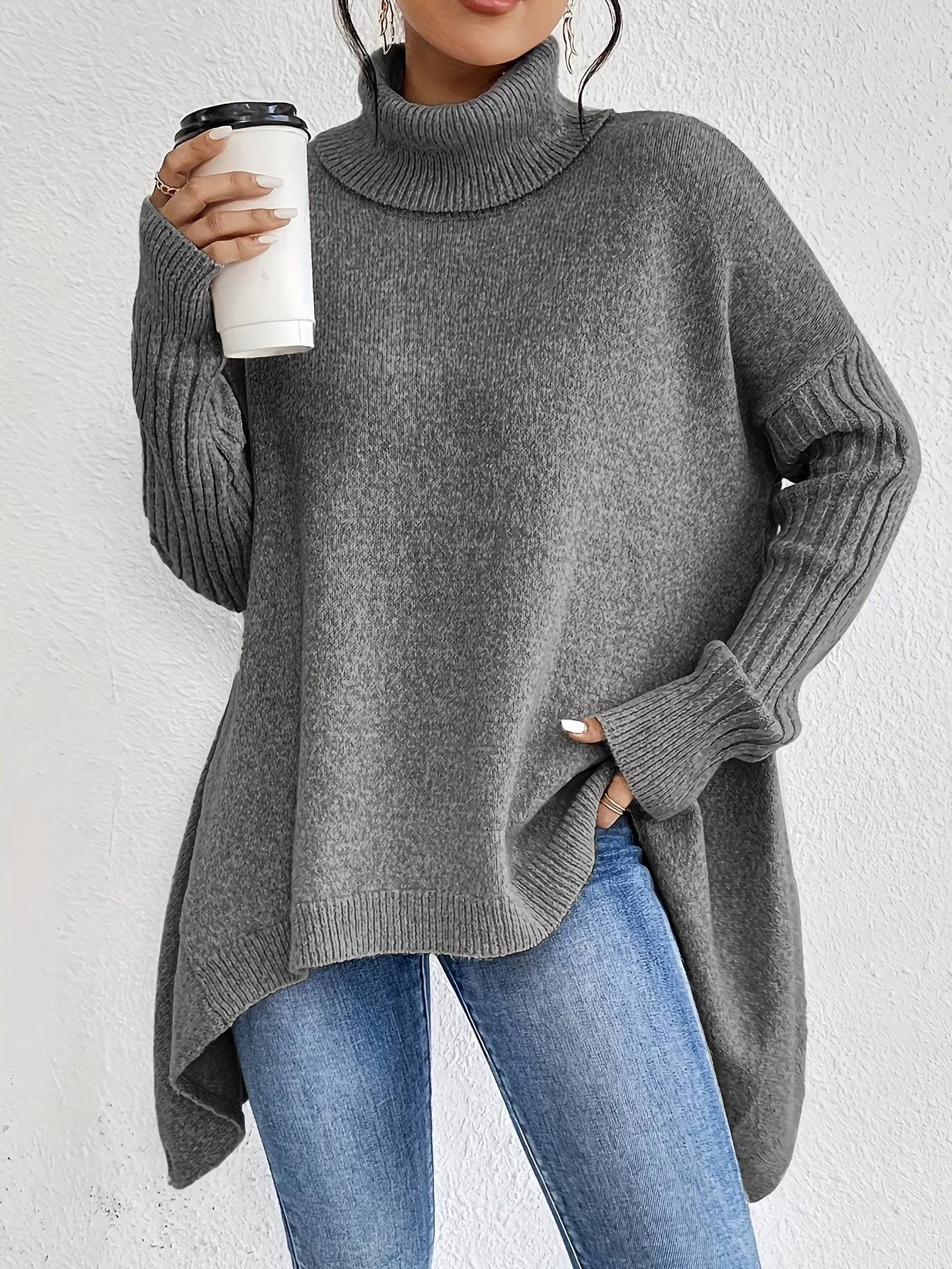 Women's Loose Fit Asymmetric Hem Turtleneck Jumper | Ideal for Autumn/Winter