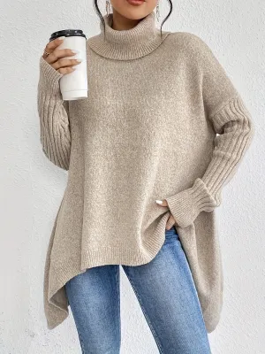 Women's Loose Fit Asymmetric Hem Turtleneck Jumper | Ideal for Autumn/Winter