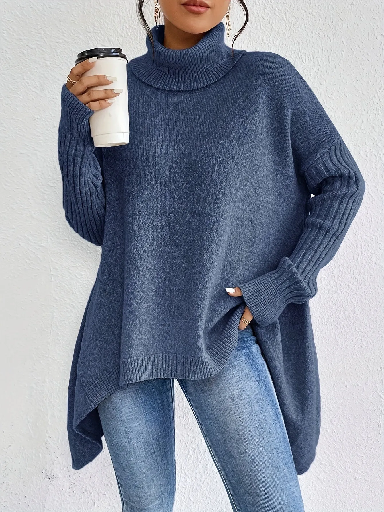 Women's Loose Fit Asymmetric Hem Turtleneck Jumper | Ideal for Autumn/Winter