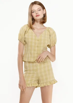 Women's Plaid Puff Shoulder Button Down Blouse In Yellow