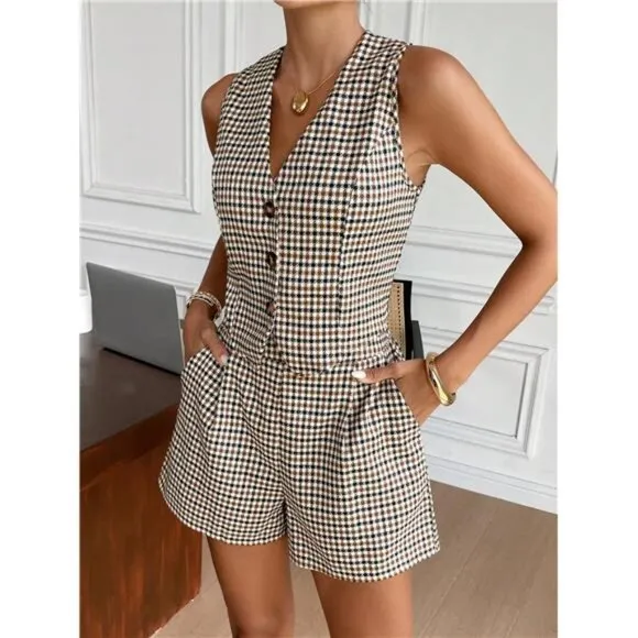 Women's Plaid Single-Breasted Vest &amp; Loose Shorts 2 Piece Set