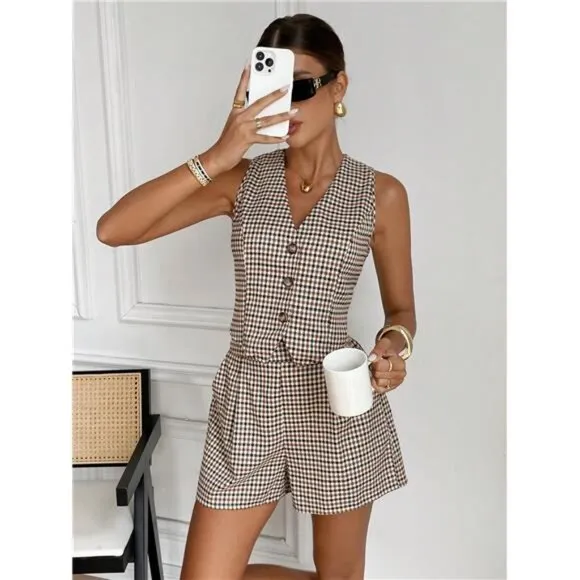Women's Plaid Single-Breasted Vest &amp; Loose Shorts 2 Piece Set
