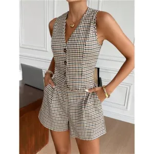 Women's Plaid Single-Breasted Vest &amp; Loose Shorts 2 Piece Set