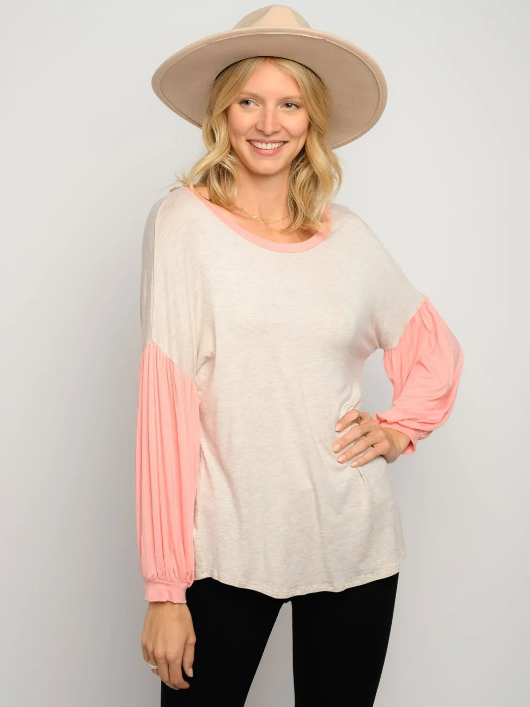 WOMEN'S PUFF LONG SLEEVE CONTRAST TOP