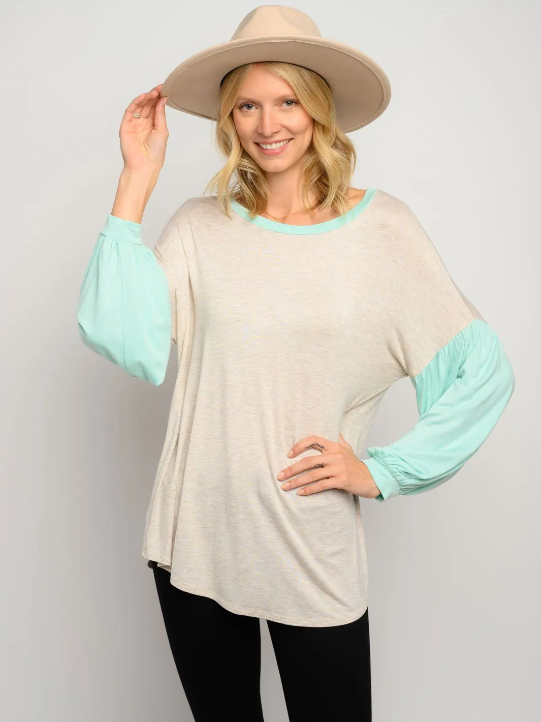 WOMEN'S PUFF LONG SLEEVE CONTRAST TOP