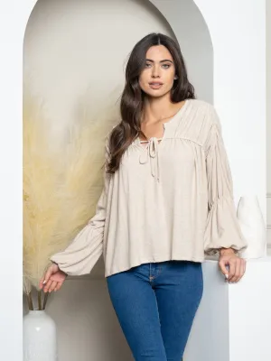 WOMEN'S PUFF LONG SLEEVE FRONT TIE TOP