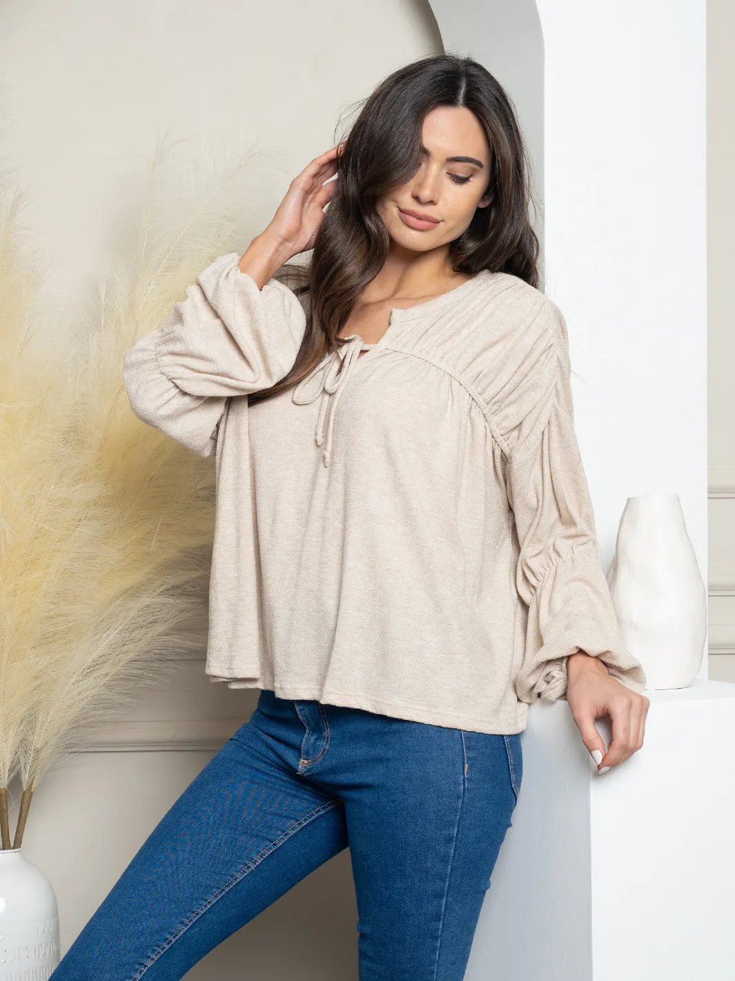 WOMEN'S PUFF LONG SLEEVE FRONT TIE TOP