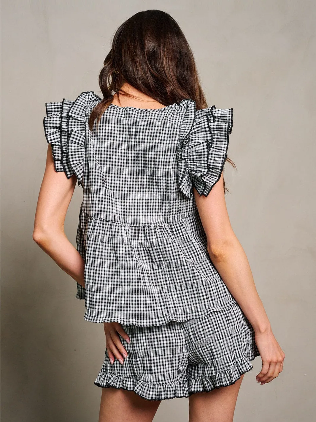 WOMEN'S RUFFLE SLEEVE BLOUSE TOP & ELASTIC WAIST SHORTS PLAID 2PC SET