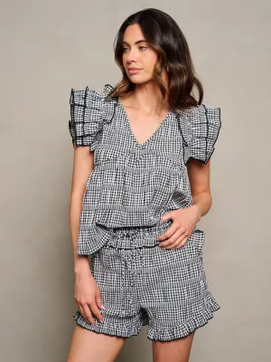 WOMEN'S RUFFLE SLEEVE BLOUSE TOP & ELASTIC WAIST SHORTS PLAID 2PC SET
