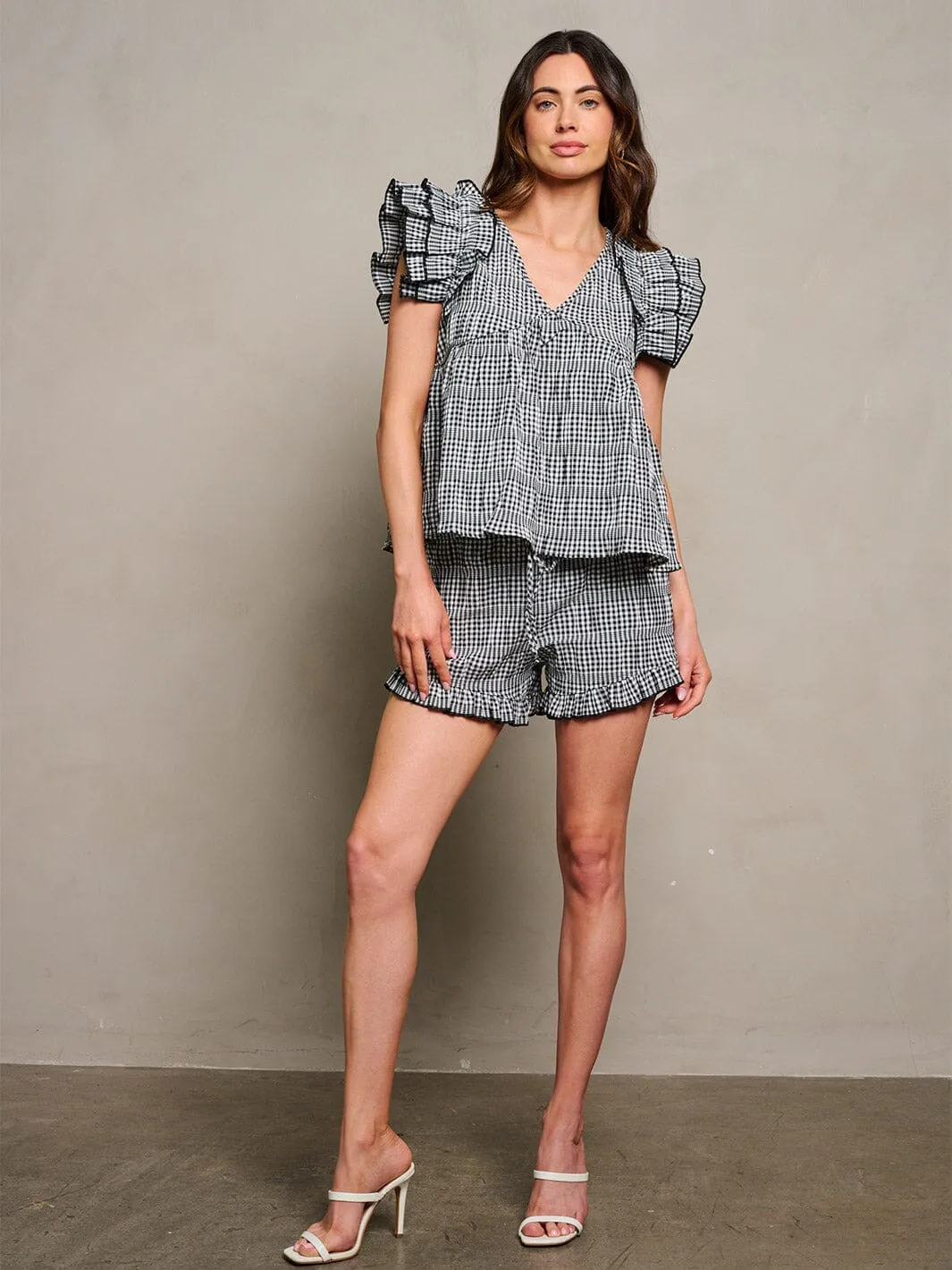 WOMEN'S RUFFLE SLEEVE BLOUSE TOP & ELASTIC WAIST SHORTS PLAID 2PC SET