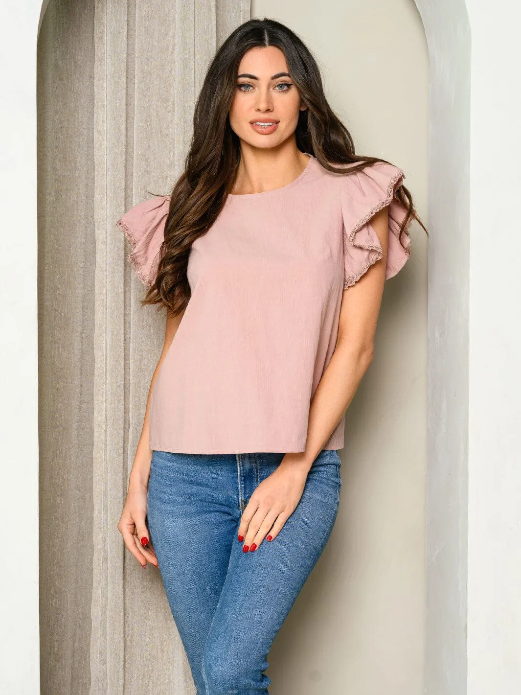 WOMEN'S SHORT DETAILED SLEEVE EYELET TOP