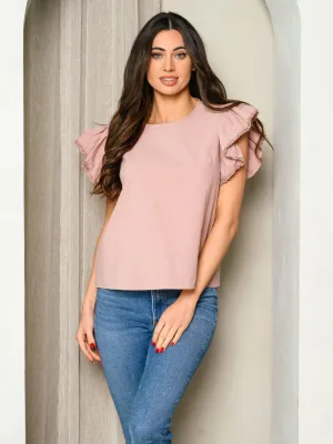 WOMEN'S SHORT DETAILED SLEEVE EYELET TOP