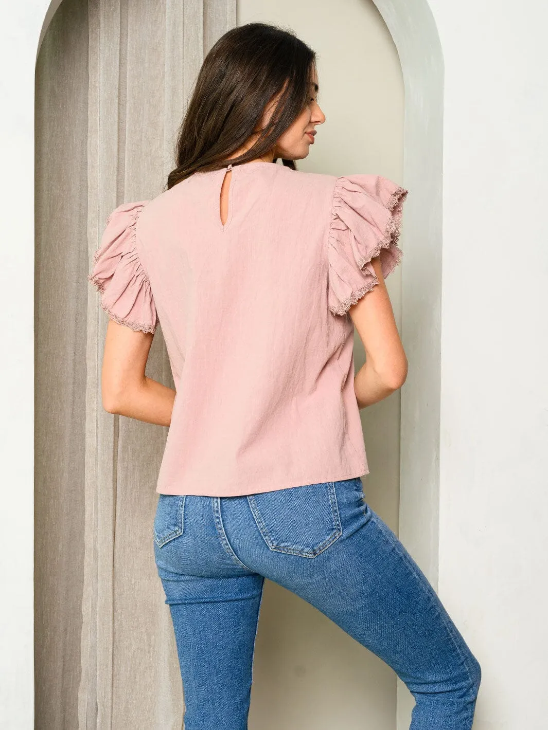 WOMEN'S SHORT DETAILED SLEEVE EYELET TOP