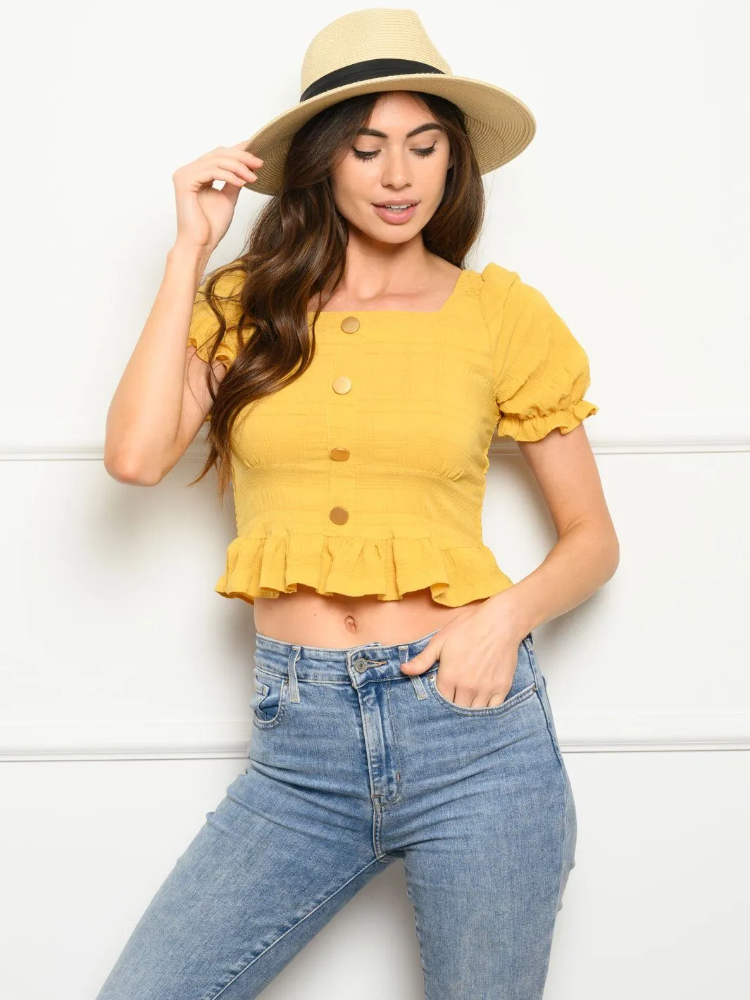 WOMEN'S SHORT PUFF SLEEVE BUTTONS DETAIL CROP TOP