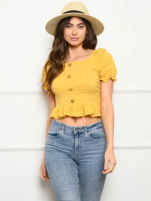 WOMEN'S SHORT PUFF SLEEVE BUTTONS DETAIL CROP TOP