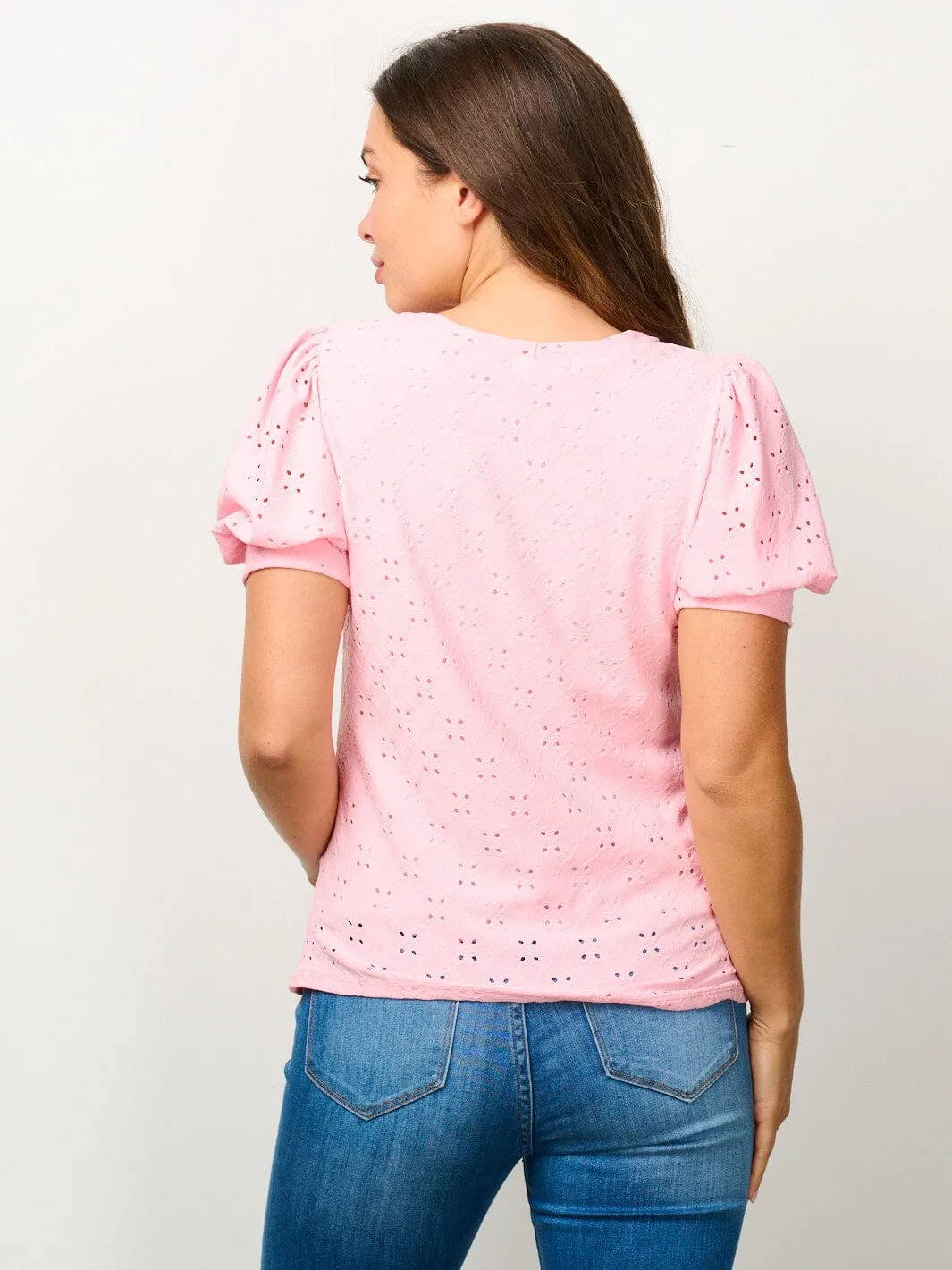WOMEN'S SHORT PUFF SLEEVE EYELET DETAILED BLOUSE TOP