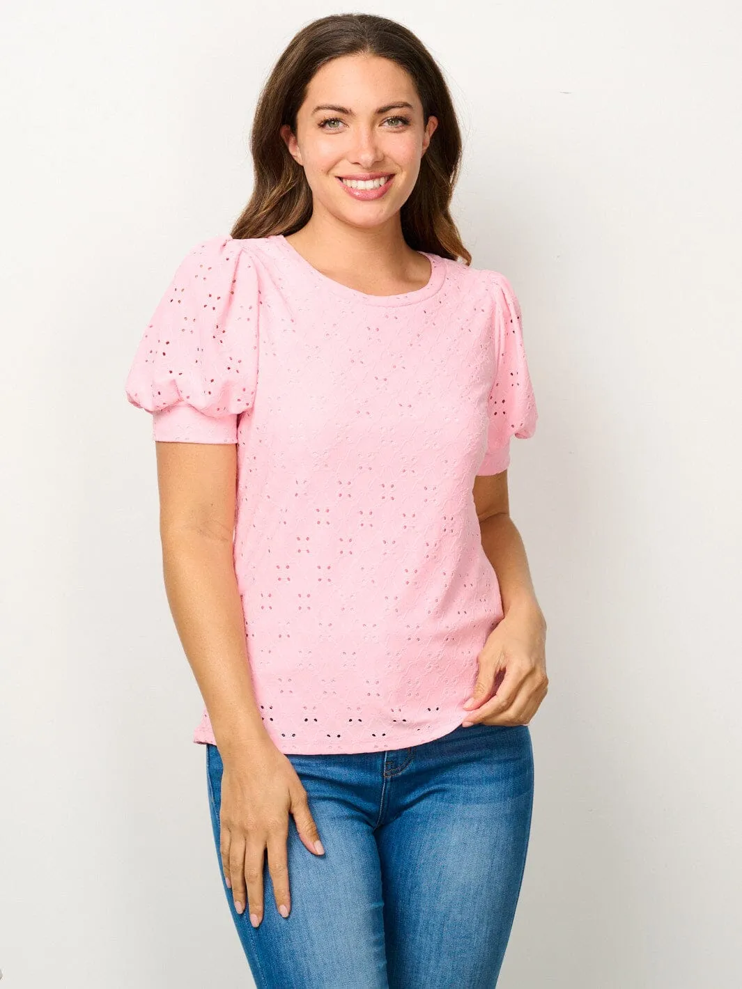 WOMEN'S SHORT PUFF SLEEVE EYELET DETAILED BLOUSE TOP