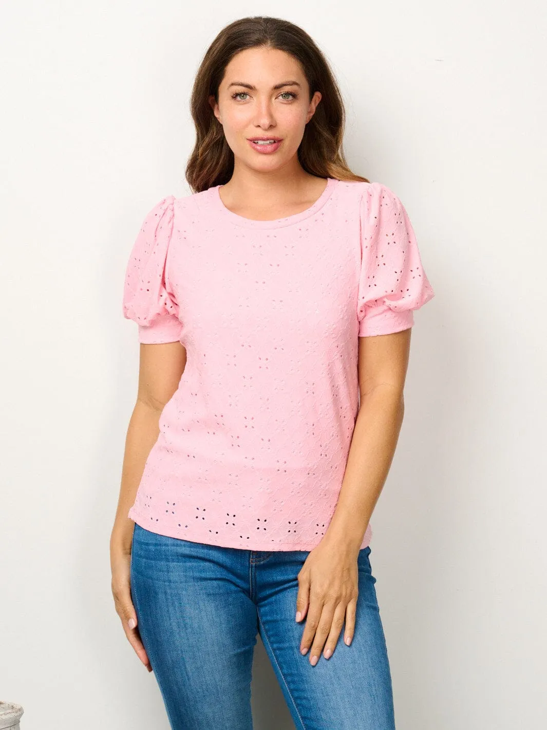 WOMEN'S SHORT PUFF SLEEVE EYELET DETAILED BLOUSE TOP