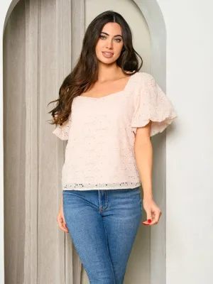 WOMEN'S SHORT PUFF SLEEVE EYELET DETAILED TOP