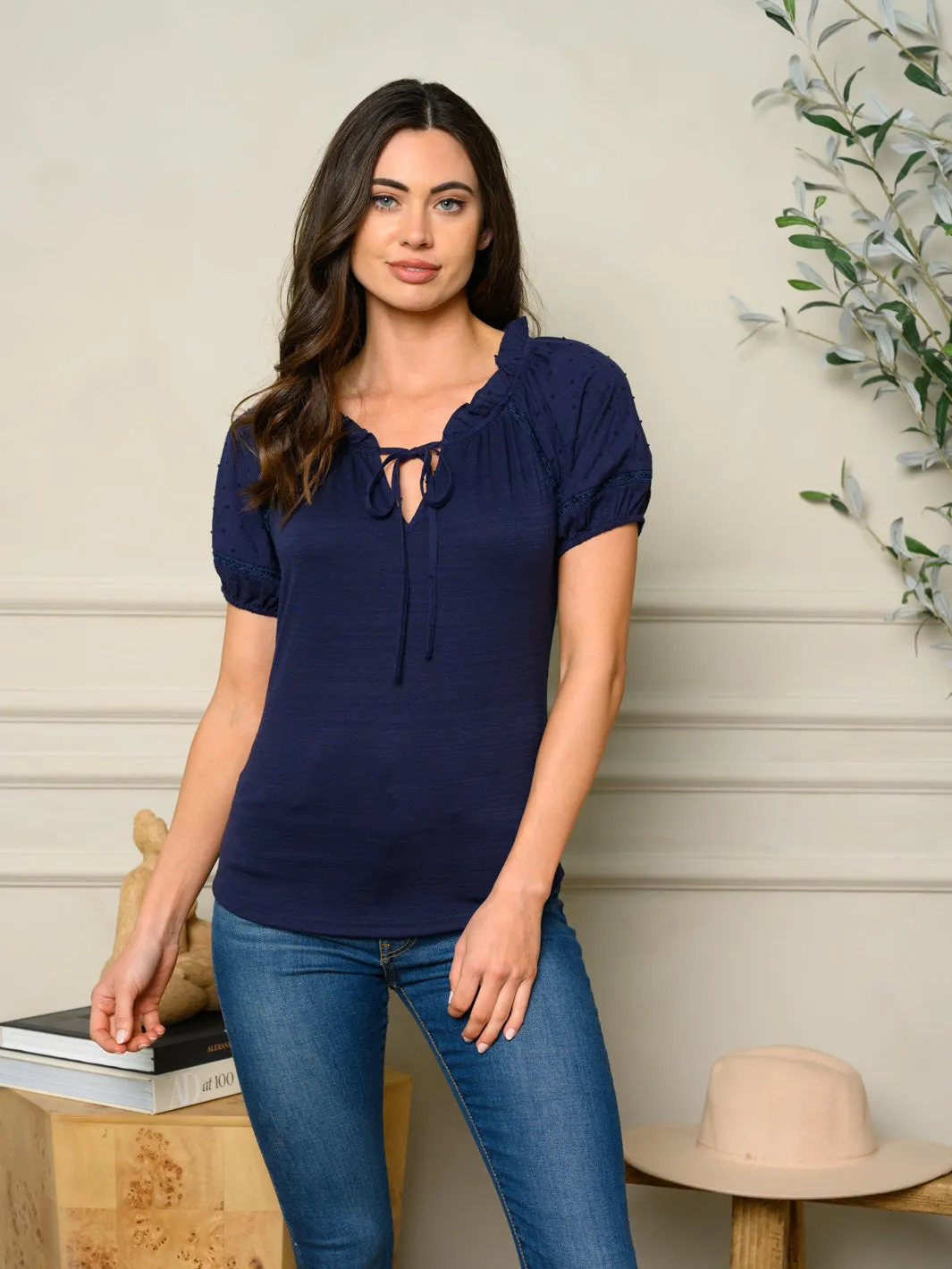 WOMEN'S SHORT PUFF SLEEVE FRONT TIE TOP