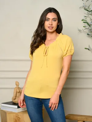 WOMEN'S SHORT PUFF SLEEVE FRONT TIE TOP