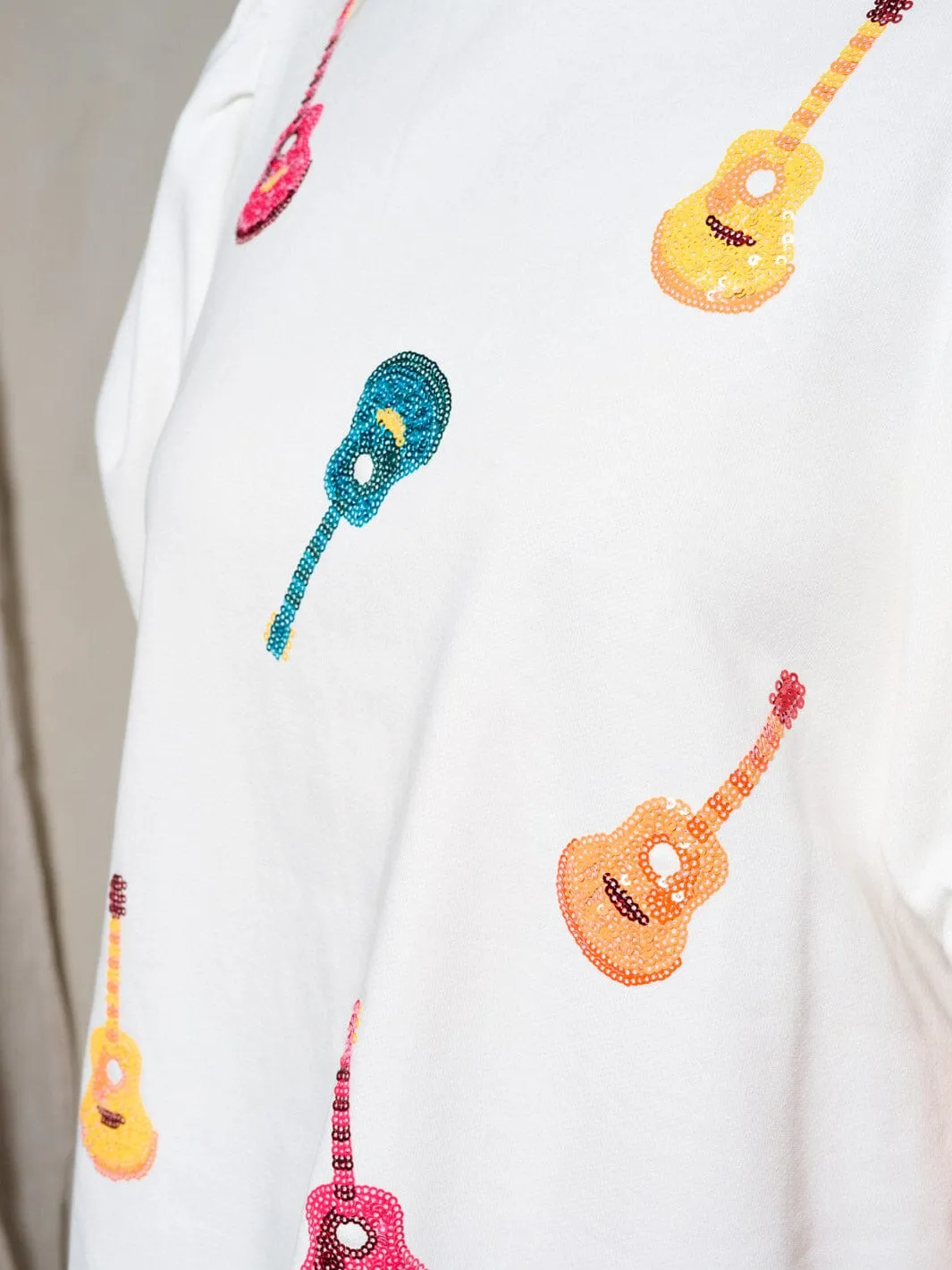WOMEN'S SHORT PUFF SLEEVE SEQUINS GUITARS PRINT TOP