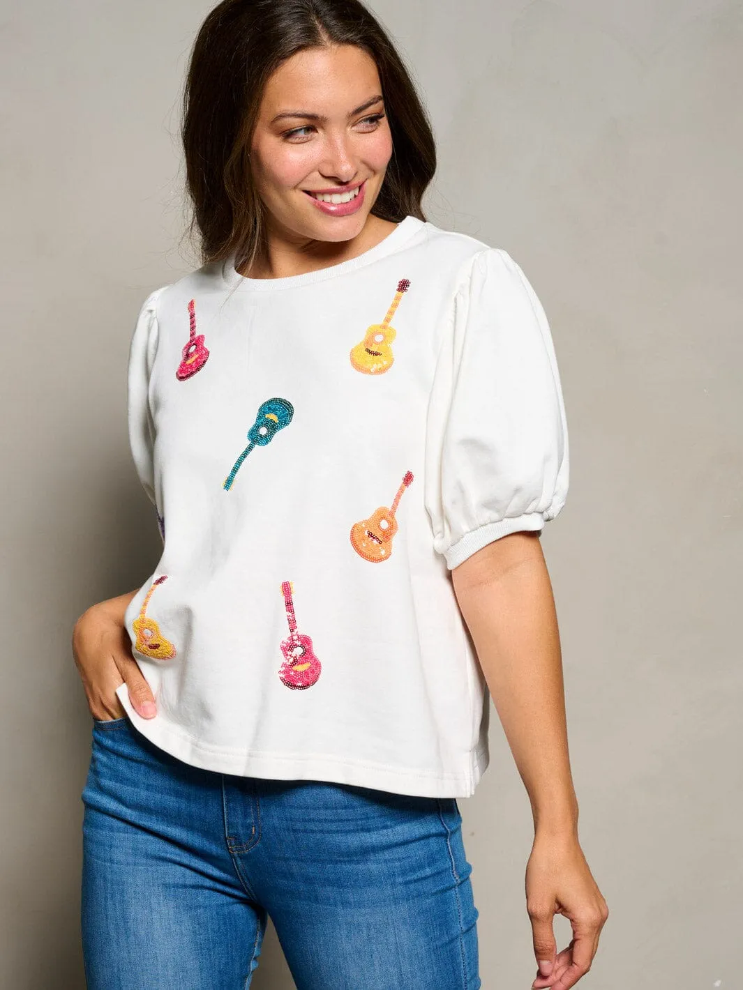 WOMEN'S SHORT PUFF SLEEVE SEQUINS GUITARS PRINT TOP