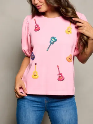 WOMEN'S SHORT PUFF SLEEVE SEQUINS GUITARS PRINT TOP