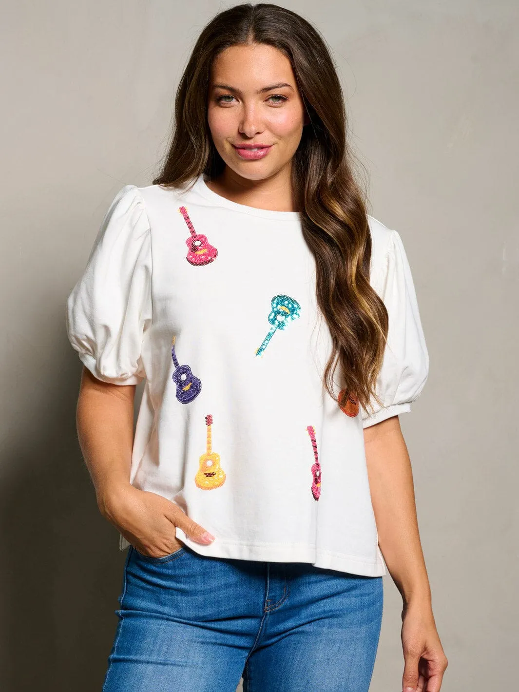 WOMEN'S SHORT PUFF SLEEVE SEQUINS GUITARS PRINT TOP
