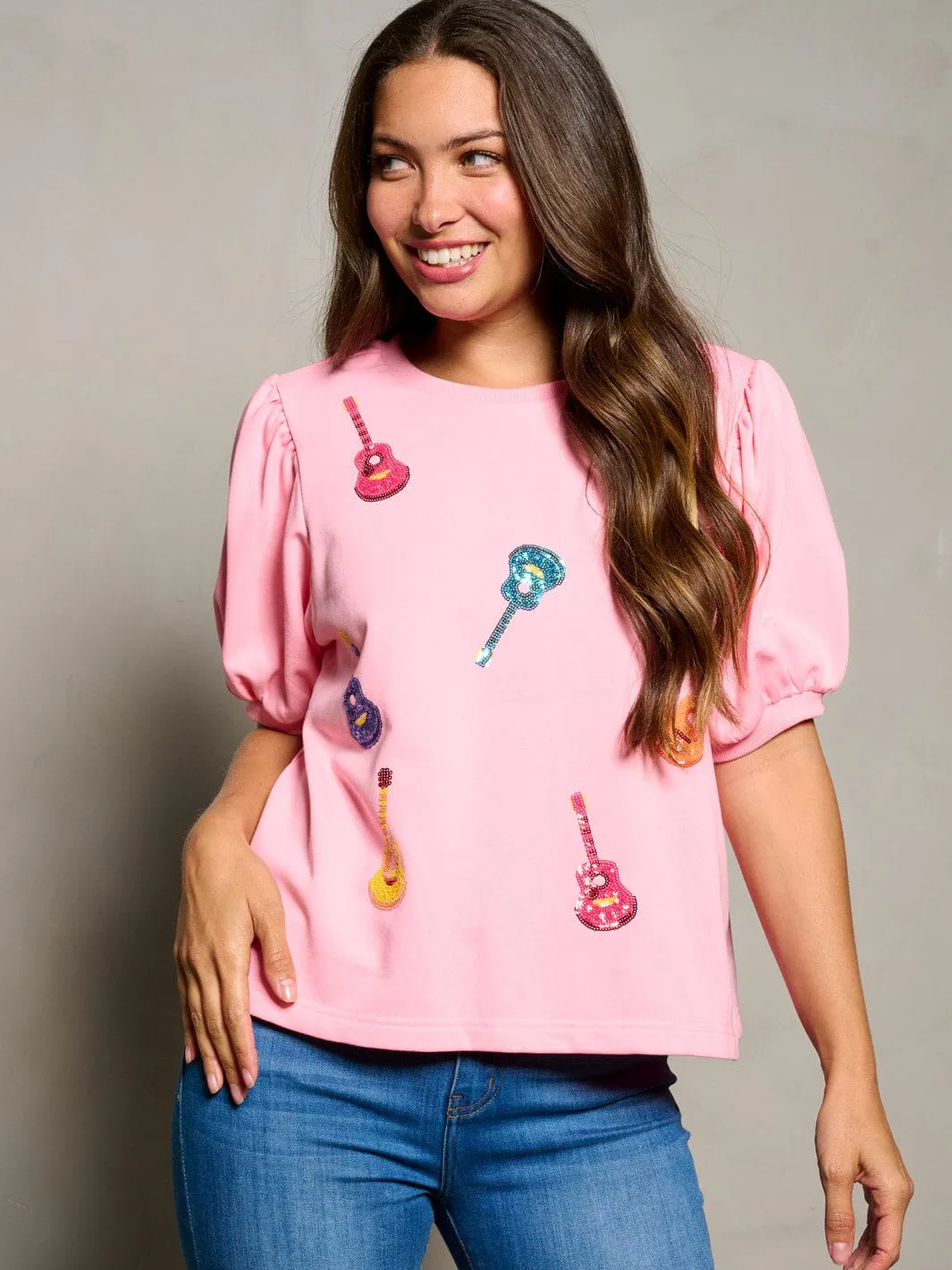 WOMEN'S SHORT PUFF SLEEVE SEQUINS GUITARS PRINT TOP