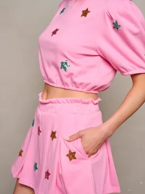 WOMEN'S SHORT PUFF SLEEVE SEQUINS STARS CROP TOP