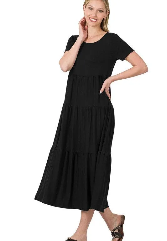 Women's Short Sleeve Tiered Midi Dress