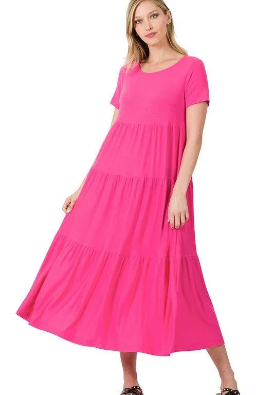 Women's Short Sleeve Tiered Midi Dress