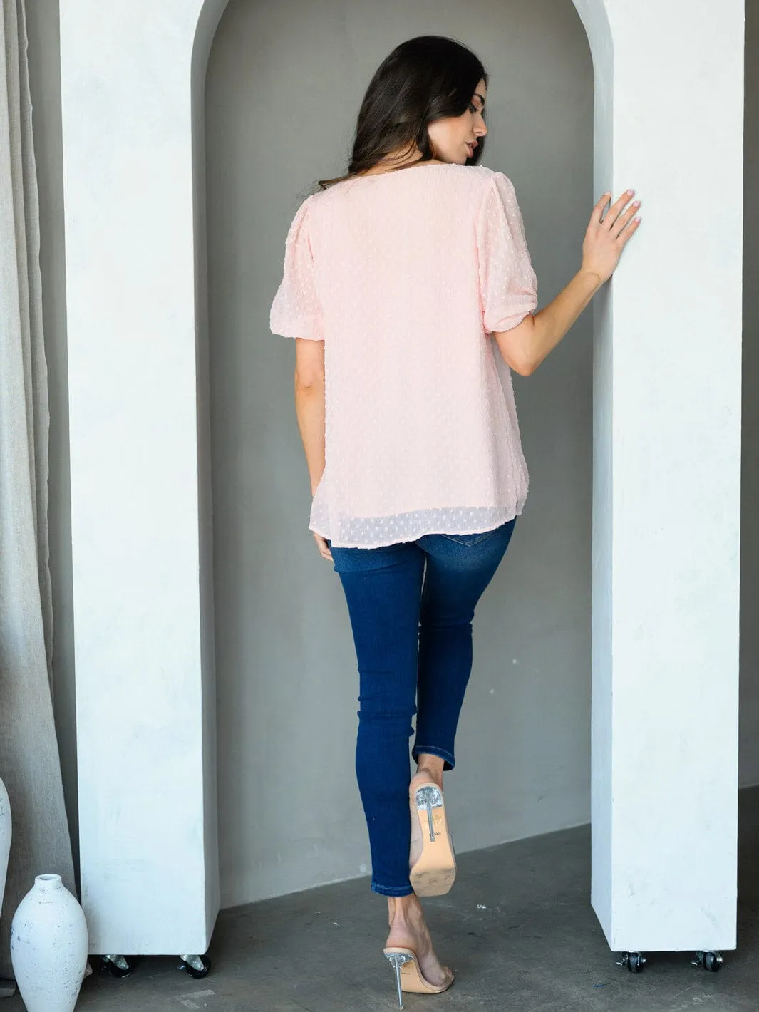 WOMEN'S SHORT SLEEVE V-NECK SWISS DOTS TUNIC TOP