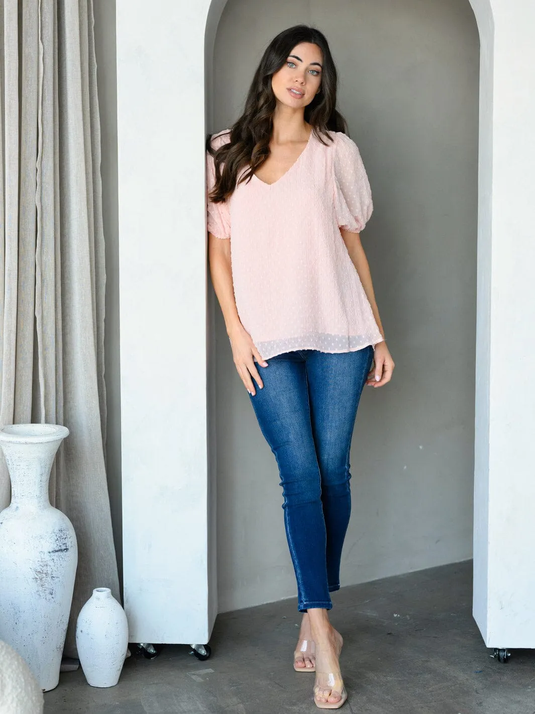 WOMEN'S SHORT SLEEVE V-NECK SWISS DOTS TUNIC TOP