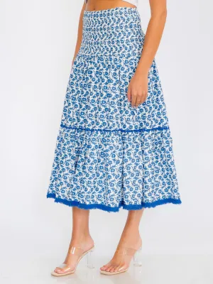 WOMEN'S SMOCK WAIST TIERED FLORAL MAXI SKIRT