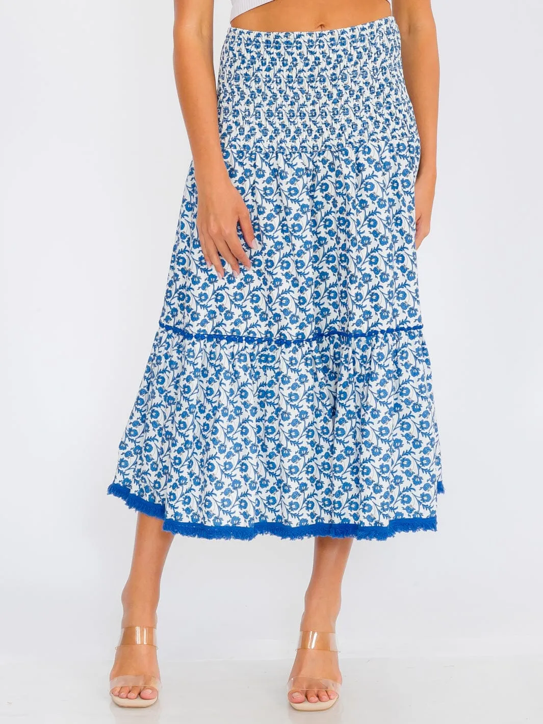 WOMEN'S SMOCK WAIST TIERED FLORAL MAXI SKIRT