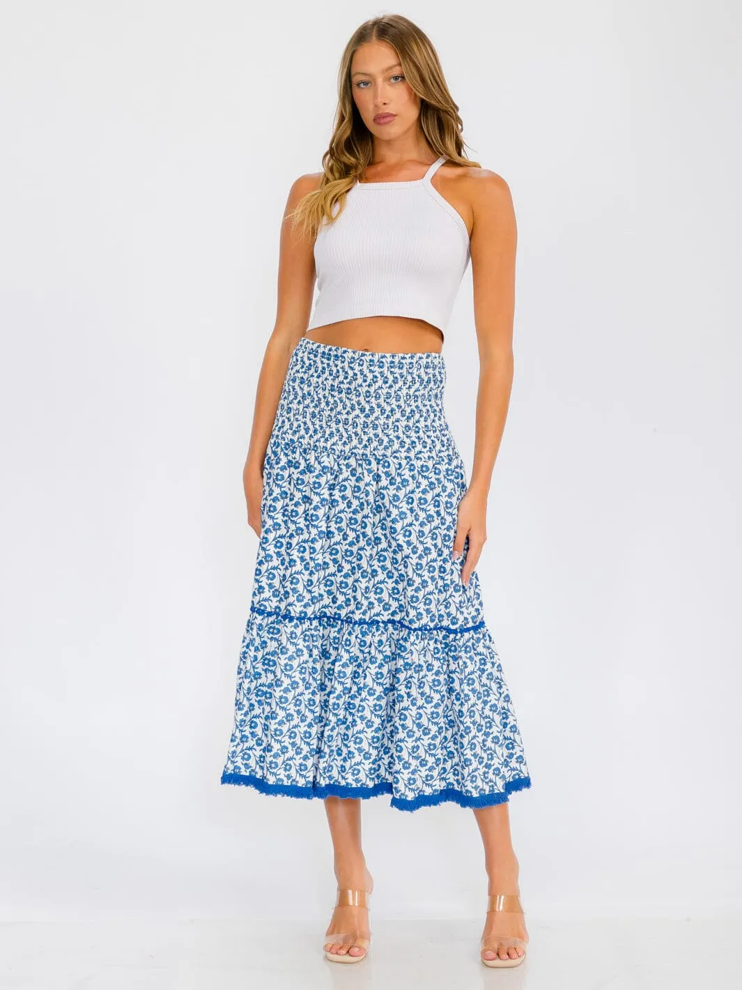 WOMEN'S SMOCK WAIST TIERED FLORAL MAXI SKIRT