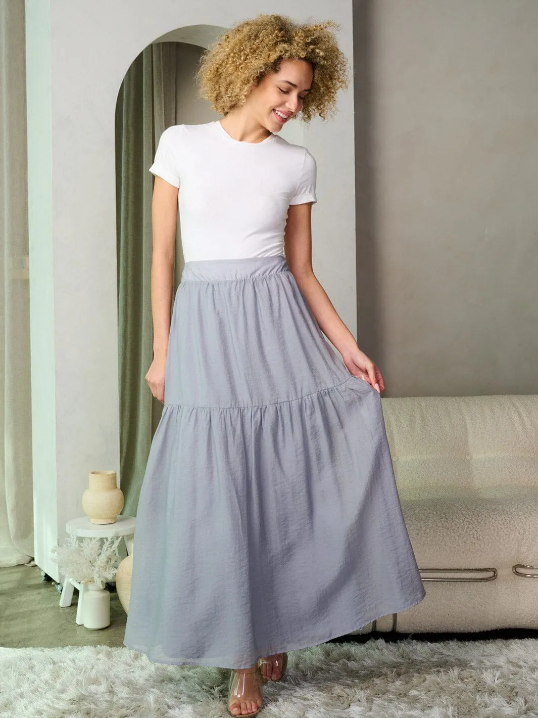 WOMEN'S SMOCK WAIST TIERED MAXI SKIRT