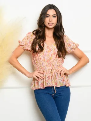WOMEN'S V-NECK PUFF SLEEVE FLORAL SMOCK TOP