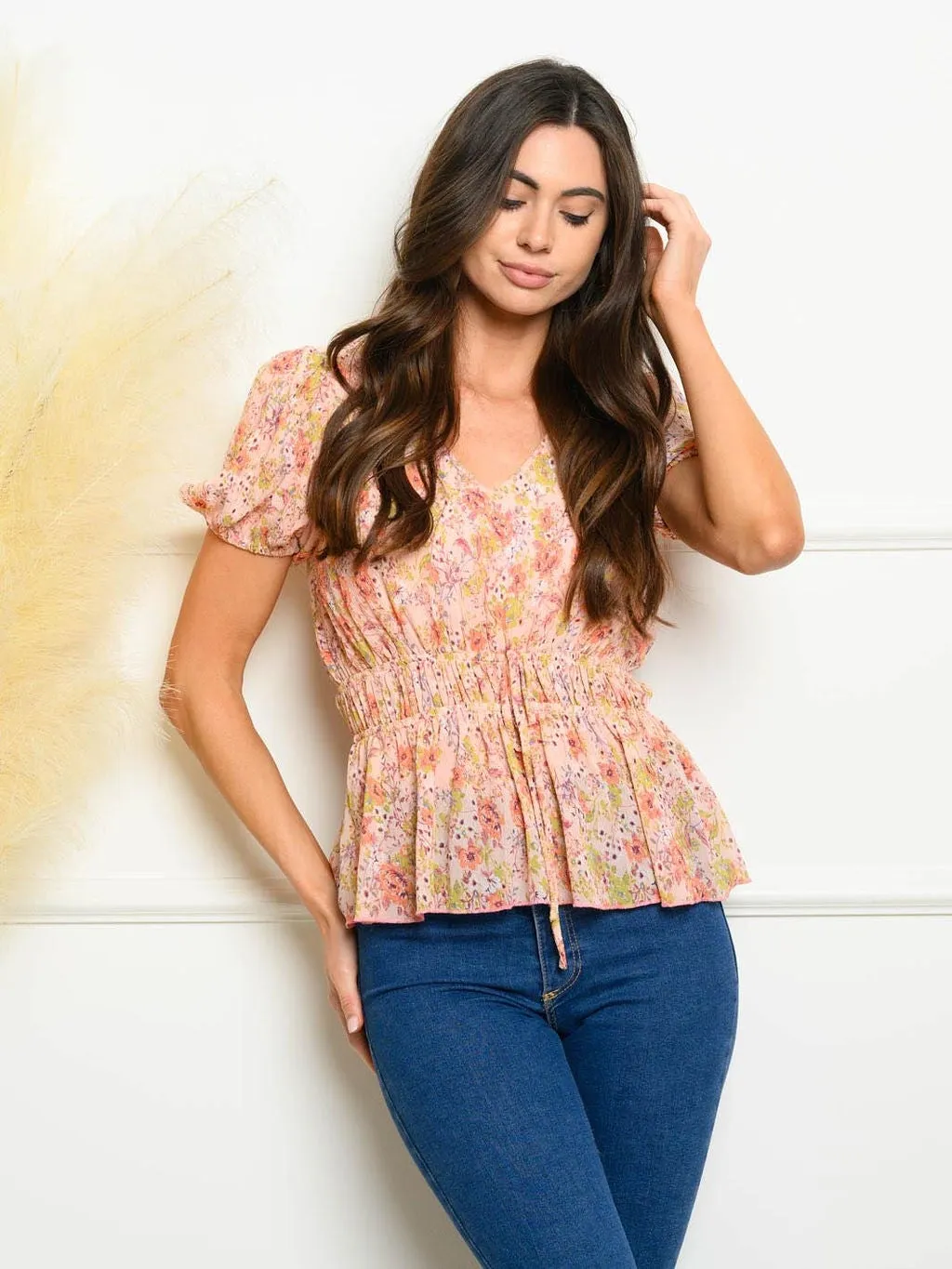 WOMEN'S V-NECK PUFF SLEEVE FLORAL SMOCK TOP