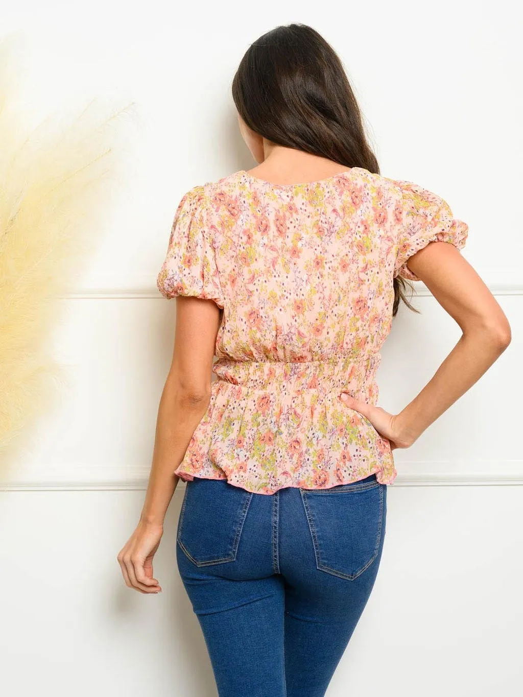 WOMEN'S V-NECK PUFF SLEEVE FLORAL SMOCK TOP