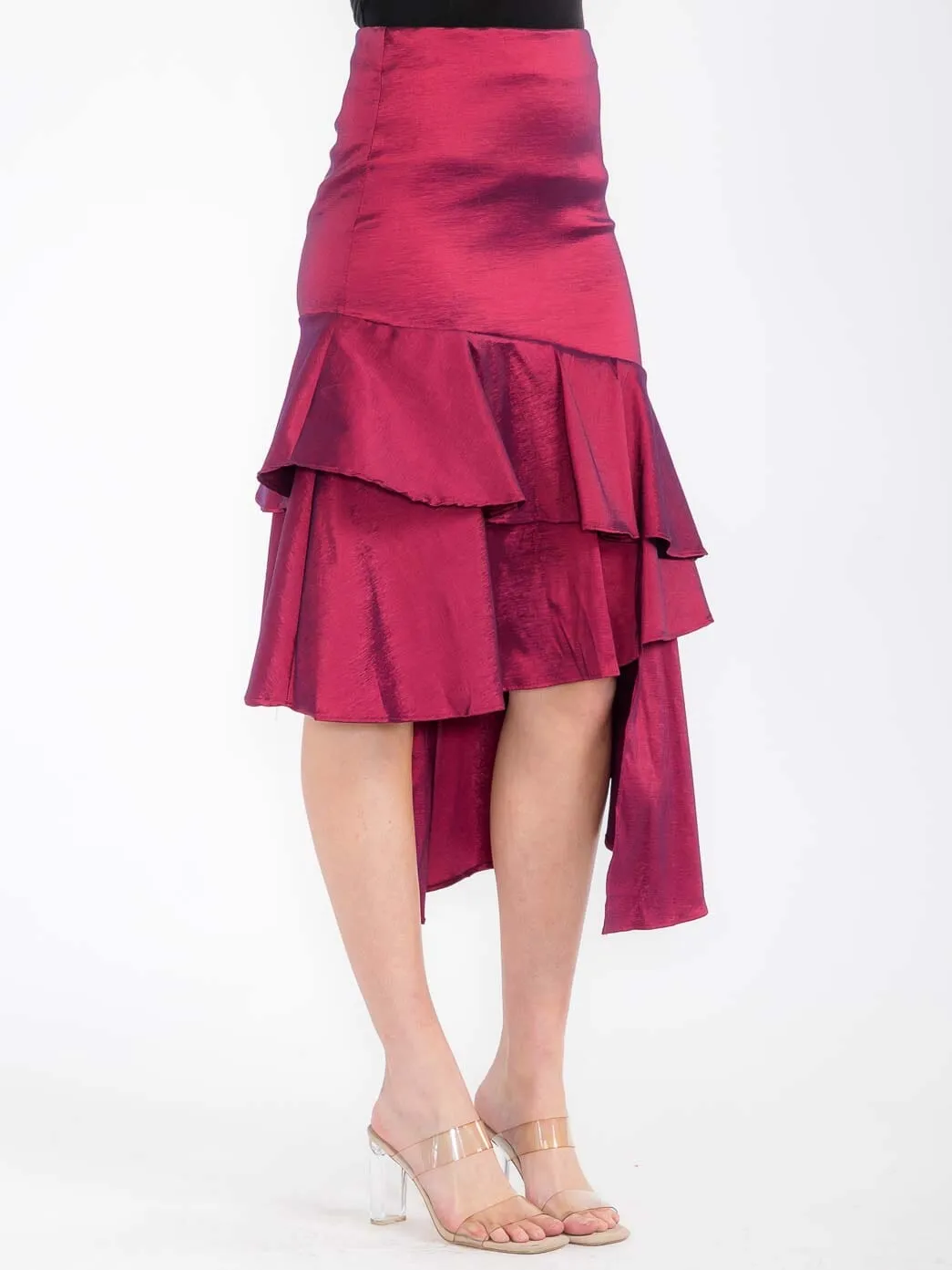WOMEN'S ZIPPER CLOSURE RUFFLE HIGH-LOW MIDI SKIRT
