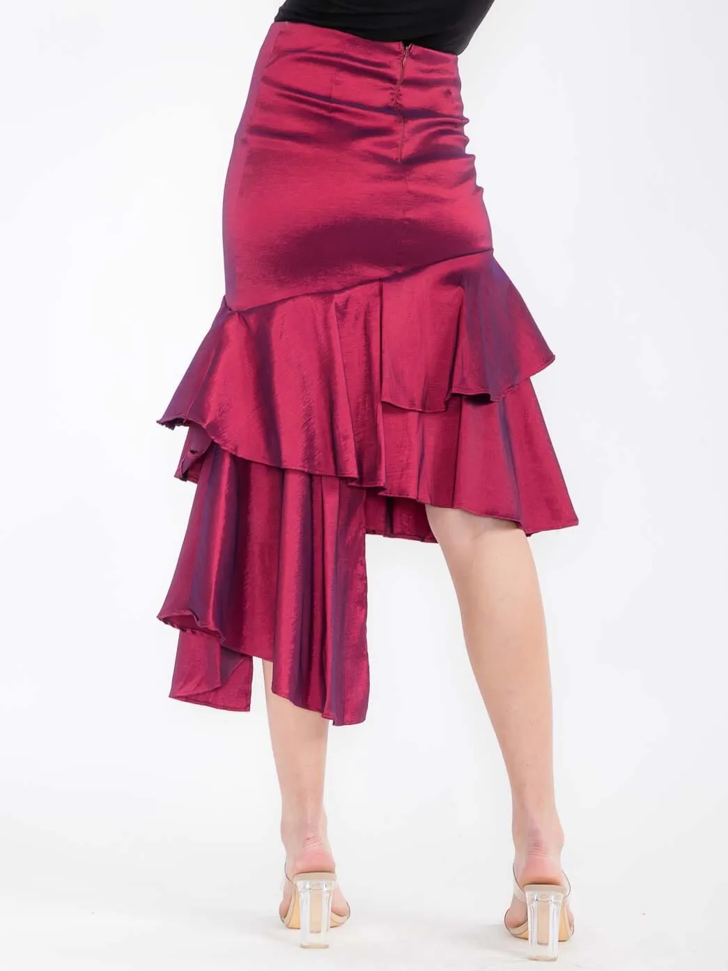 WOMEN'S ZIPPER CLOSURE RUFFLE HIGH-LOW MIDI SKIRT