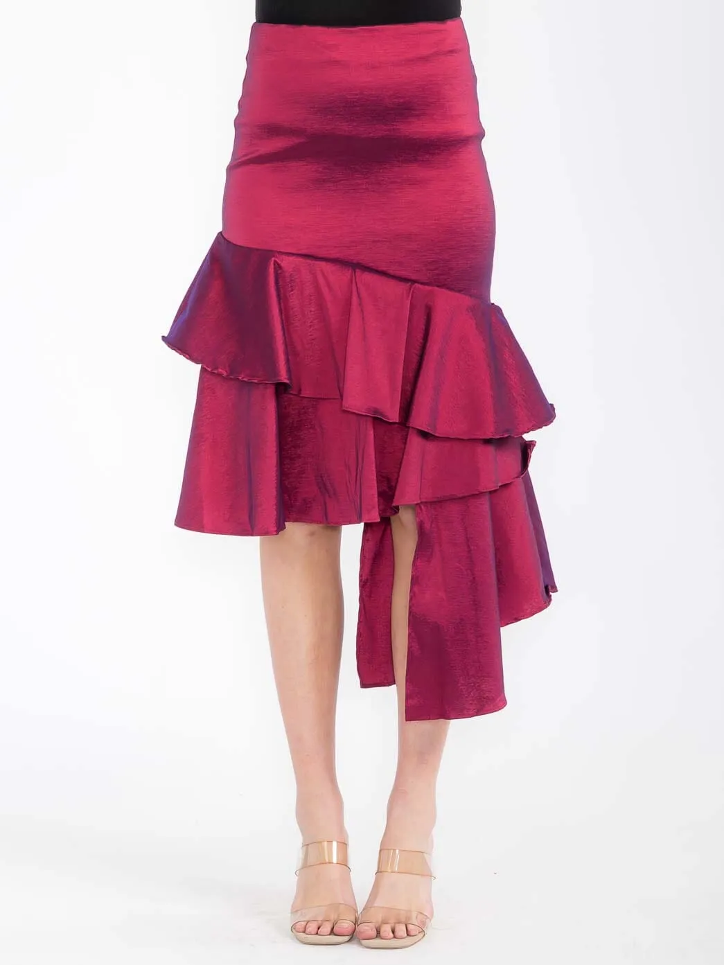 WOMEN'S ZIPPER CLOSURE RUFFLE HIGH-LOW MIDI SKIRT