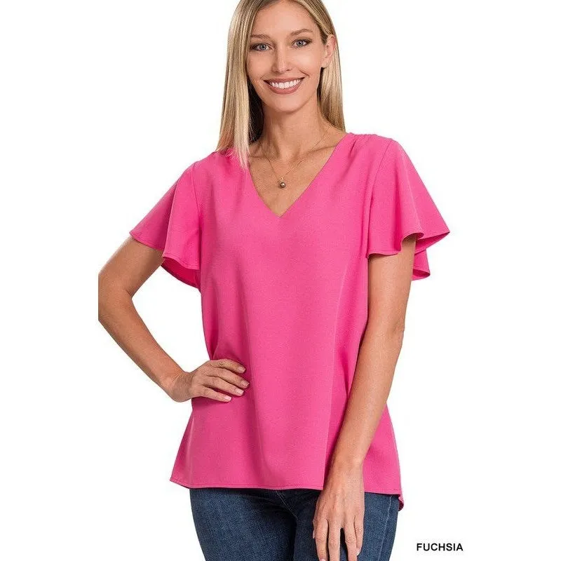 WOVEN FLUTTER SLEEVE V-NECK TOP