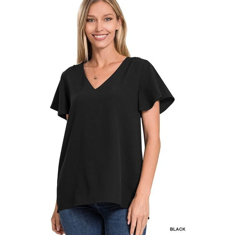 WOVEN FLUTTER SLEEVE V-NECK TOP