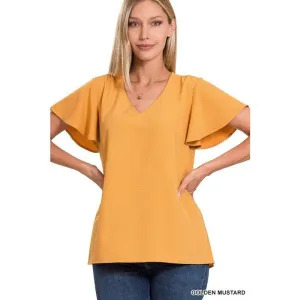 WOVEN FLUTTER SLEEVE V-NECK TOP